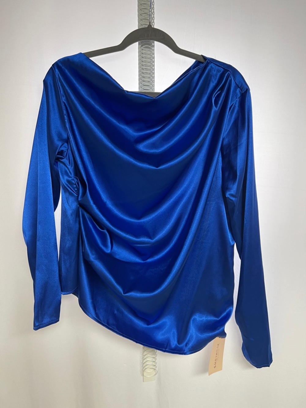 Cowl-Back Satin Long-Sleeve Top - Cobalt Blue